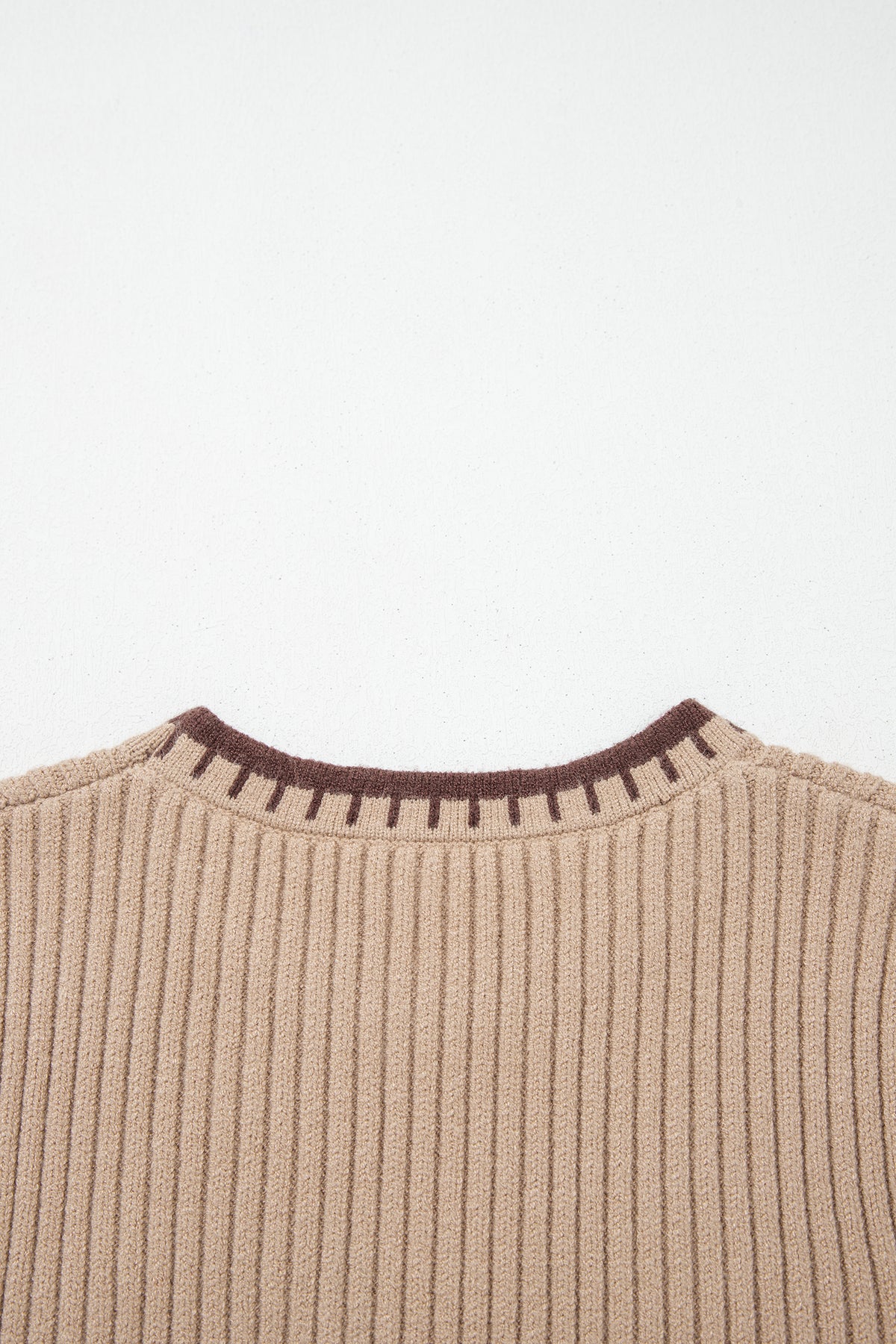 Light French Beige Ribbed Knit Contrast Trim Round Neck Horseshoe Sweater Vest