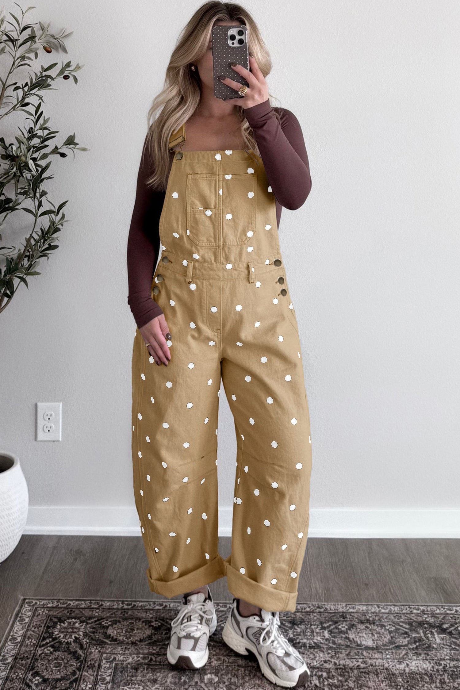Phalaenopsis Polka Dot Print Bib Pocket Denim Barrel Overalls Jumpsuit