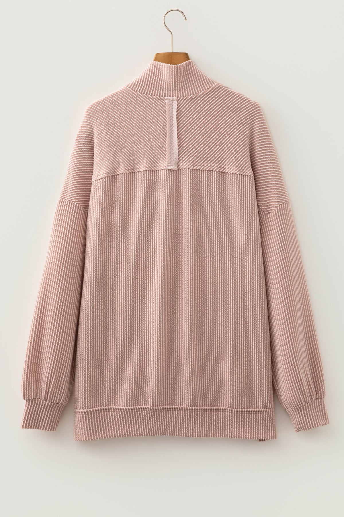 Oatmeal Twist Ribbed Zipper Collar Drop Shoulder Long Sleeve Top