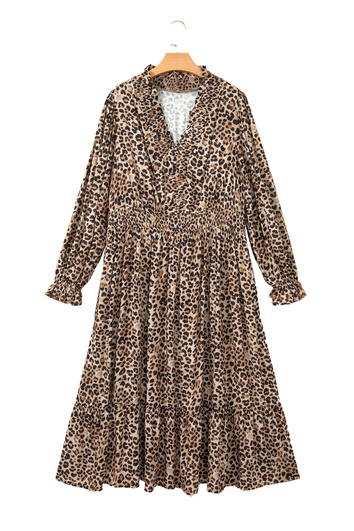 Brown Leopard Print V Neck Long Sleeve Gathered Waist Plus Size Dress