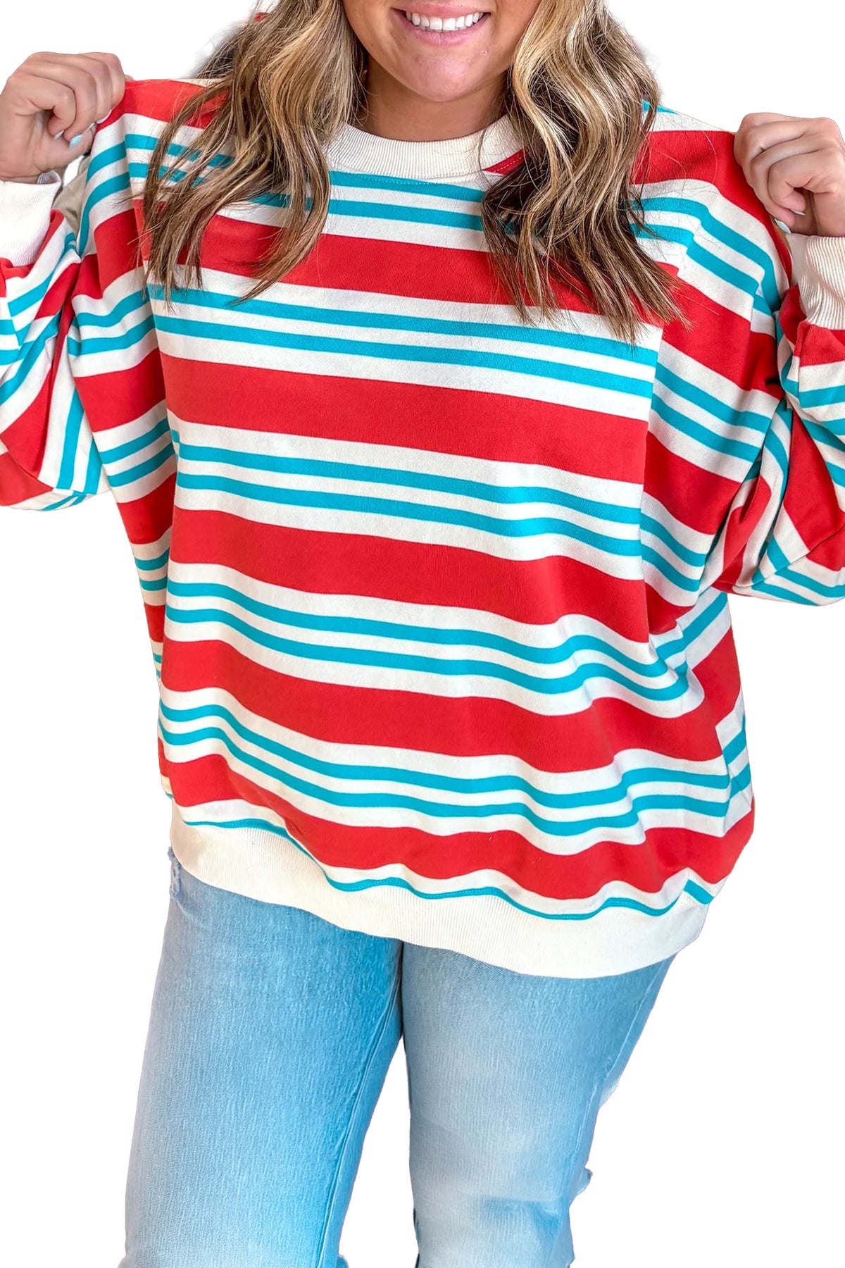 Red Stripe Striped Colorblock Long Sleeve Round Neck Tunic Plus Size Sweatshirt