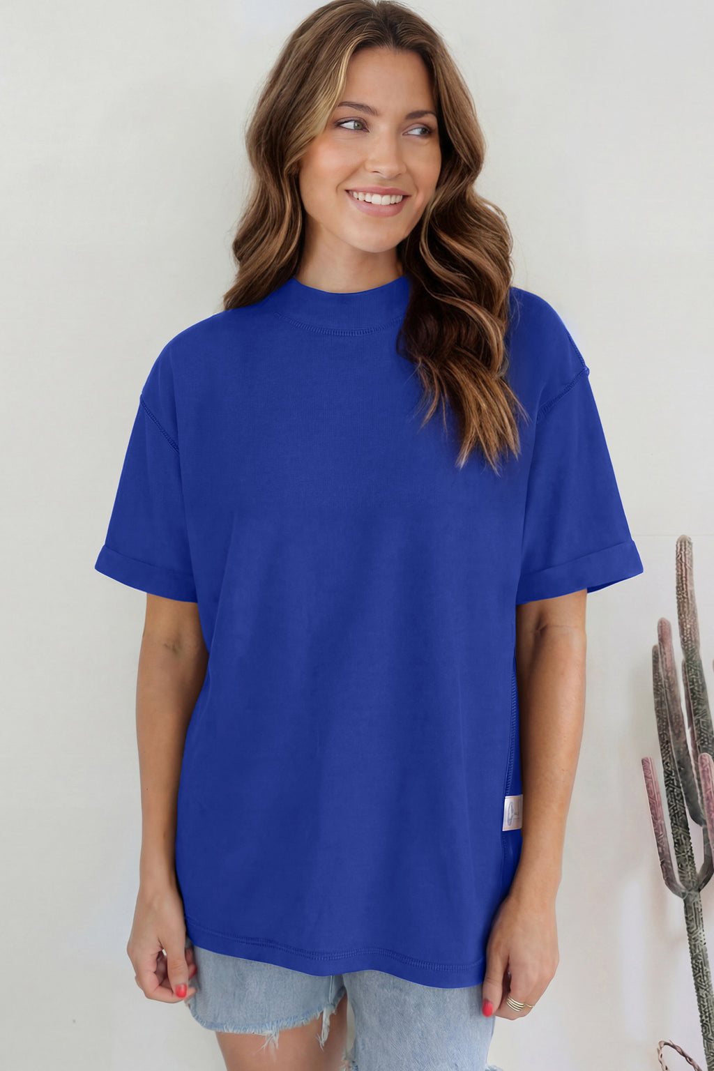 Sachet Pink Solid Color High Neck Oversize Tee