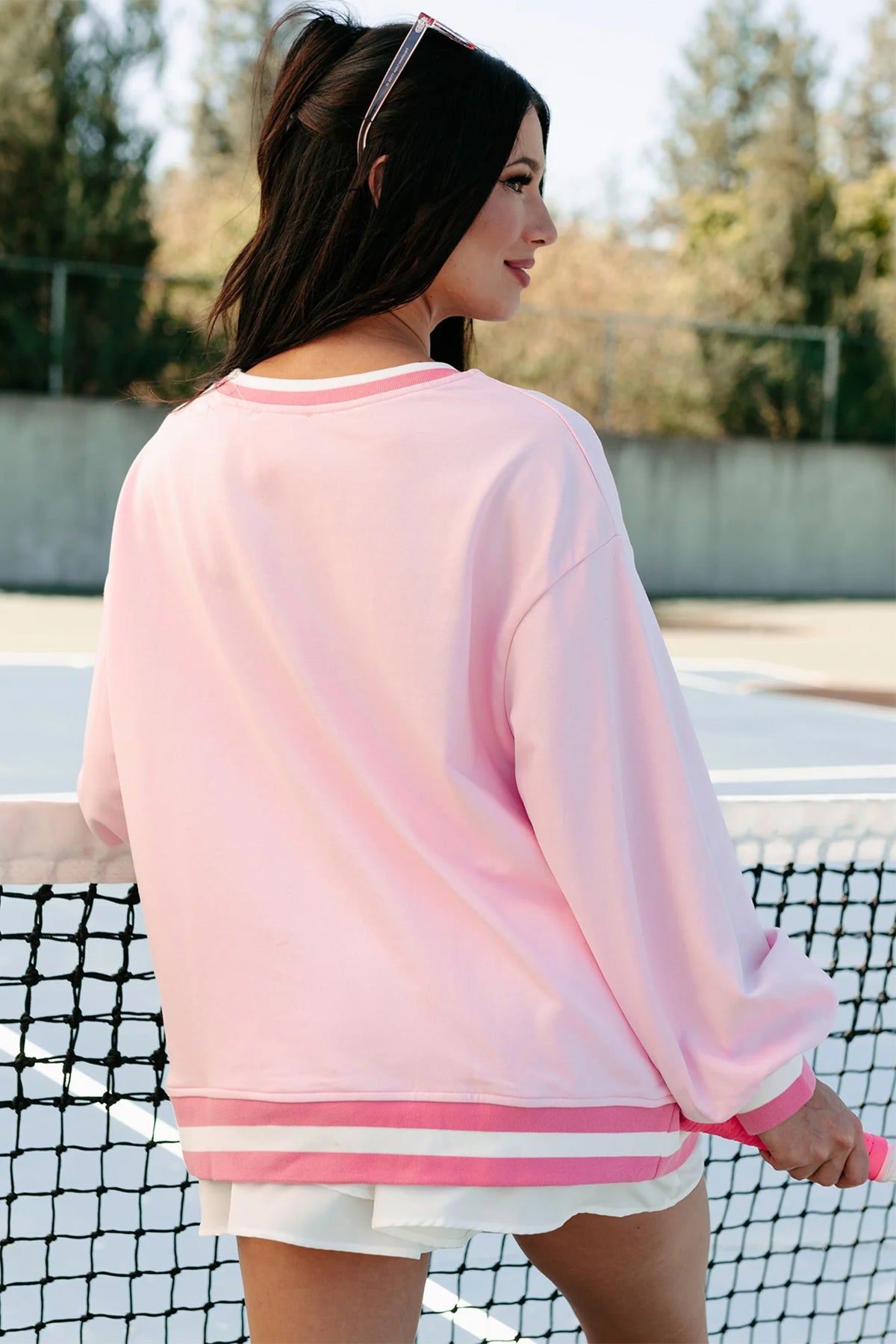 Pink Embroidered Tennis Club Crew Neck Pullover Sweatshirt