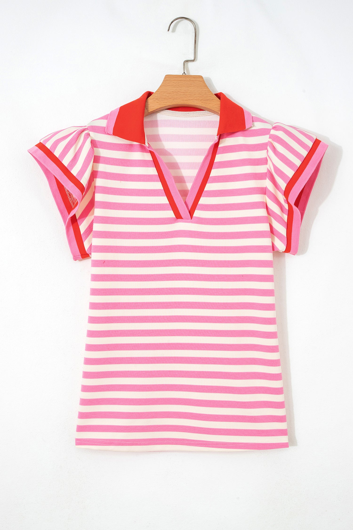 Green Stripe Contrast Trim Polo Collar Ruffled Short Sleeve Blouse