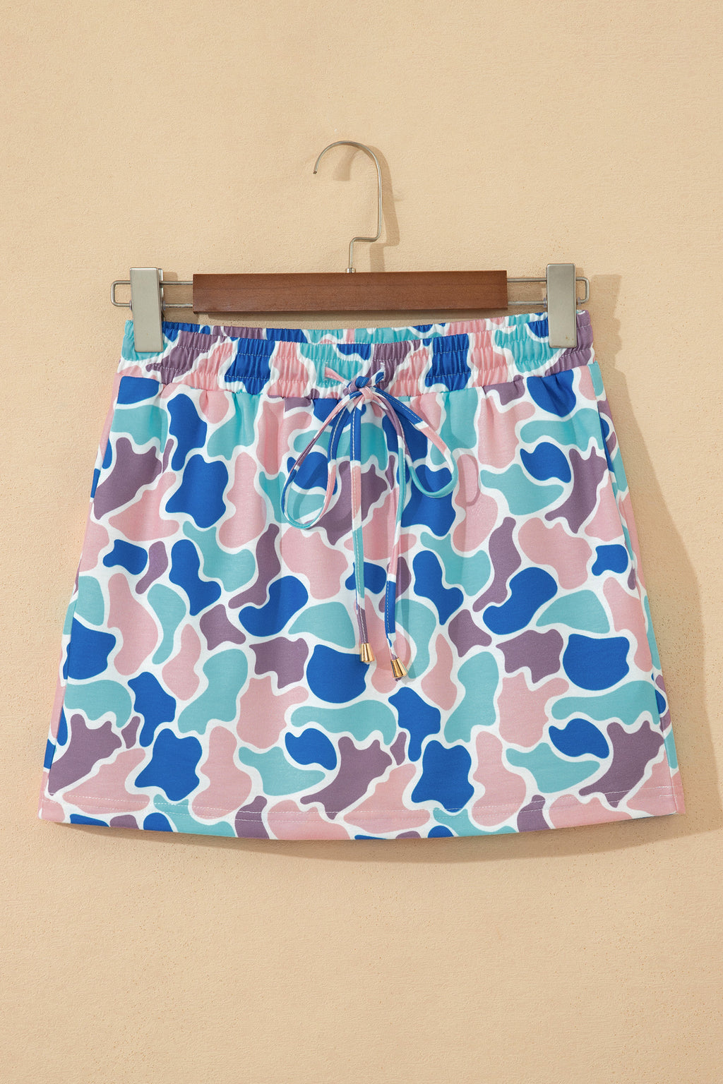 Khaki Abstract Camo Elastic Waist Drawstring Mini Skort