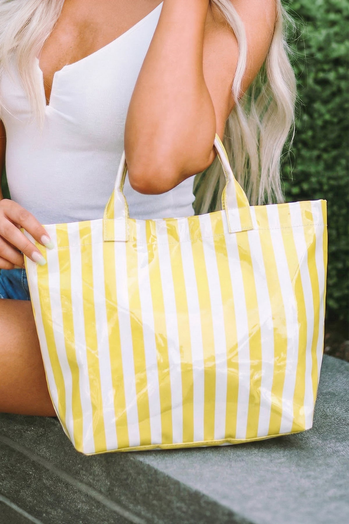 Light Blue Glossy Striped Vinyl Large Tote Bag (Color Varied)