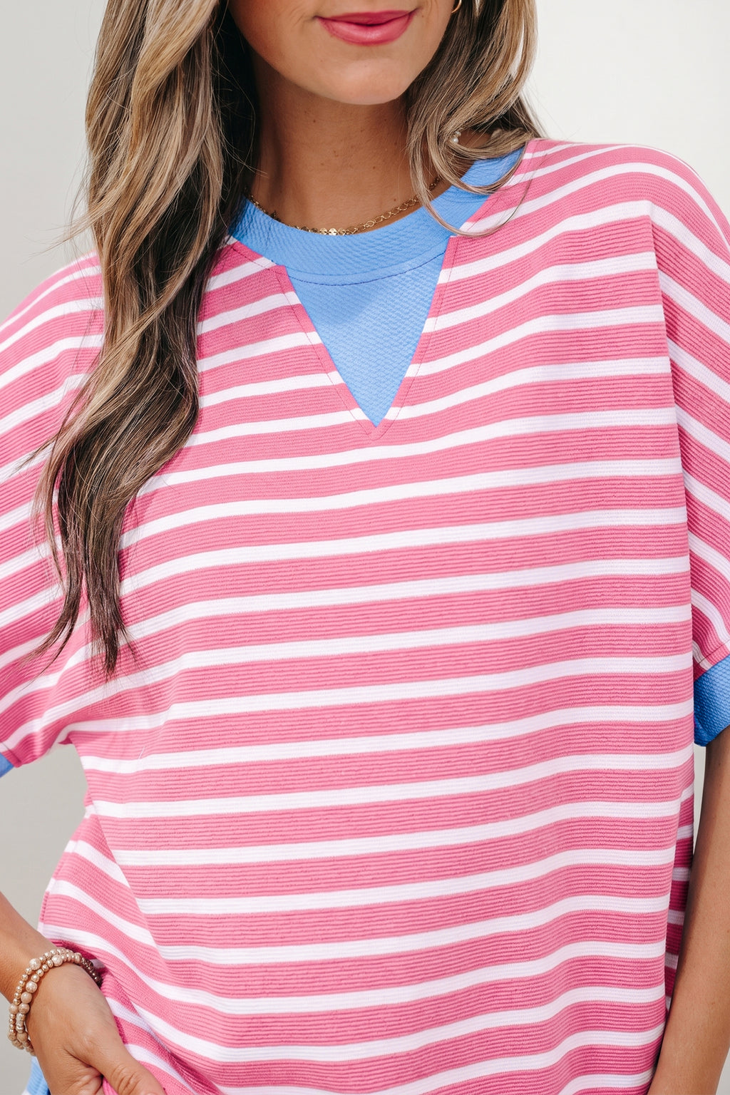 Sky Blue Stripe Contrast Trim Loose Short Sleeve Top
