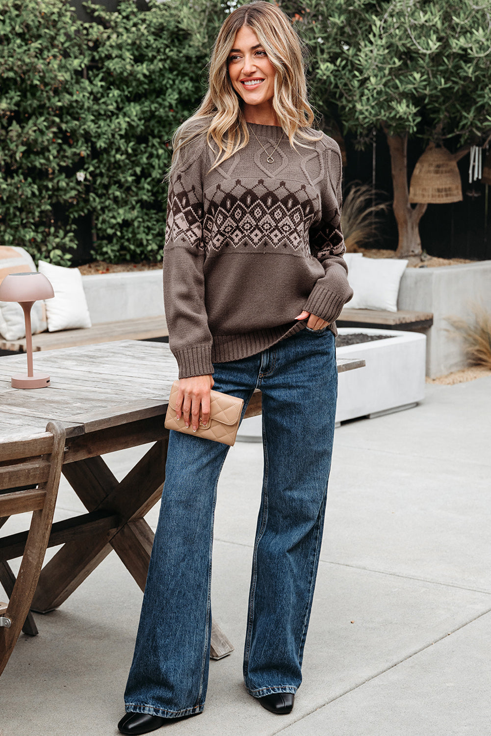 Light French Beige Western Geometric Patterned Crew Neck Knitted Sweater