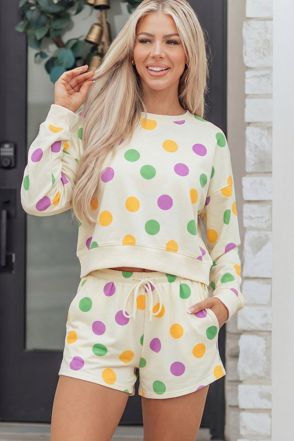 Pink Polka Dot Print Drop Shoulder Pullover Drawstring Shorts Set