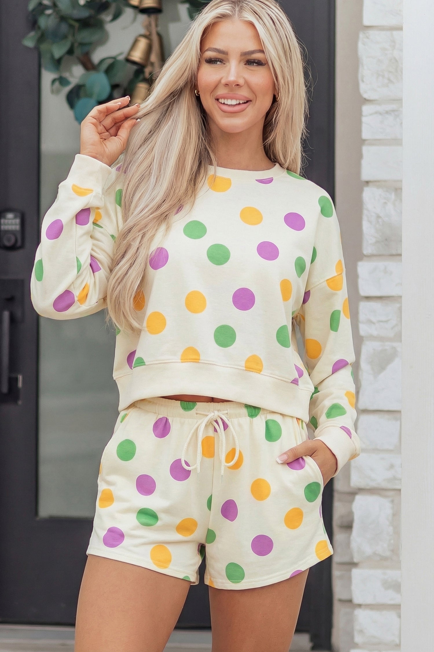 Pink Polka Dot Print Drop Shoulder Pullover Drawstring Shorts Set
