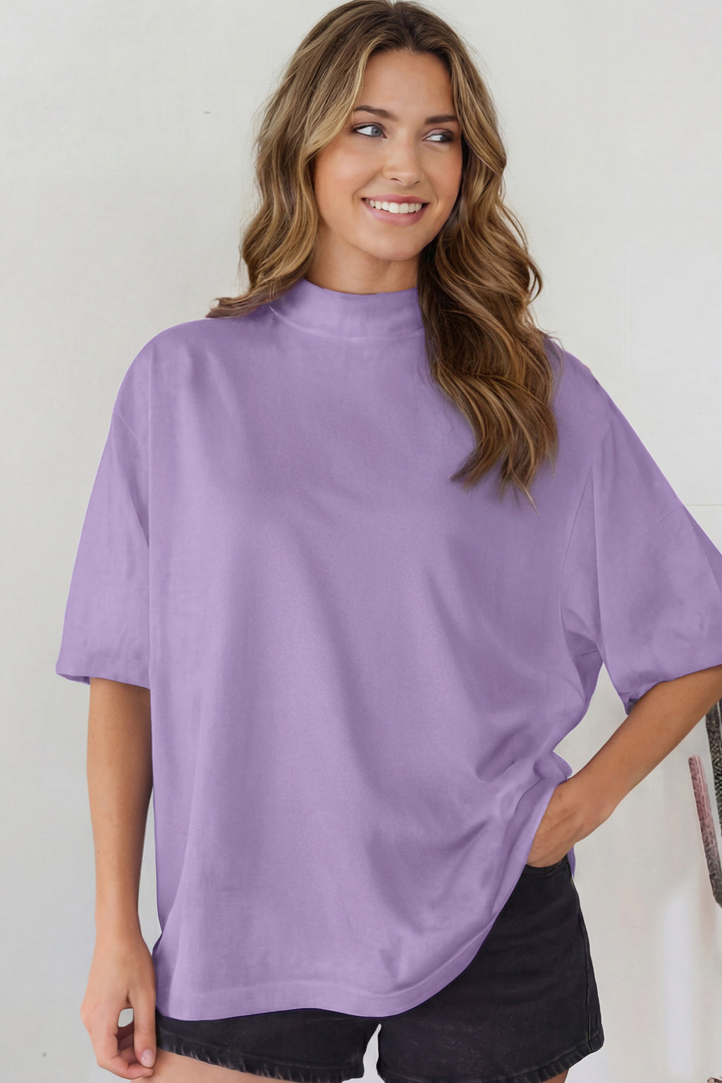 Sachet Pink Solid Color High Neck Oversize Tee
