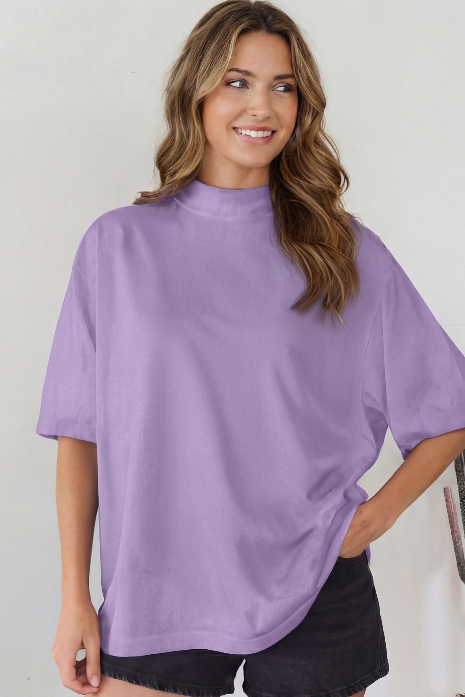 Sachet Pink Solid Color High Neck Oversize Tee