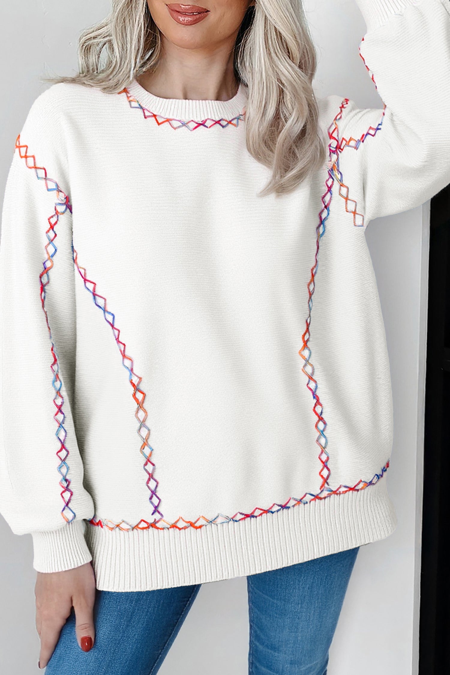 Orchid Bouquet Rainbow Stitching Balloon Sleeve Relaxed Sweater