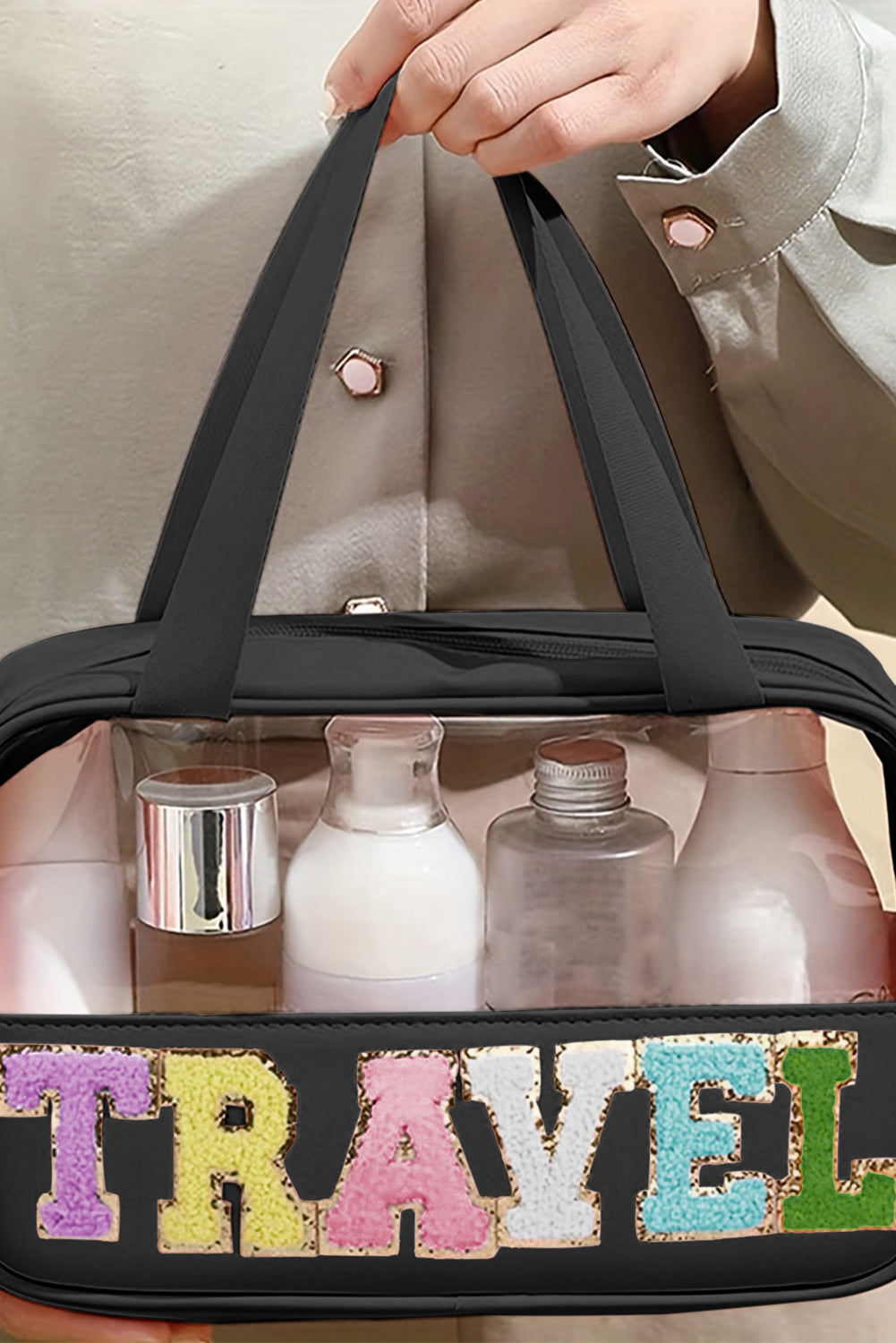 Purple TRAVEL Chenille Letter Clear PVC Makeup Bag