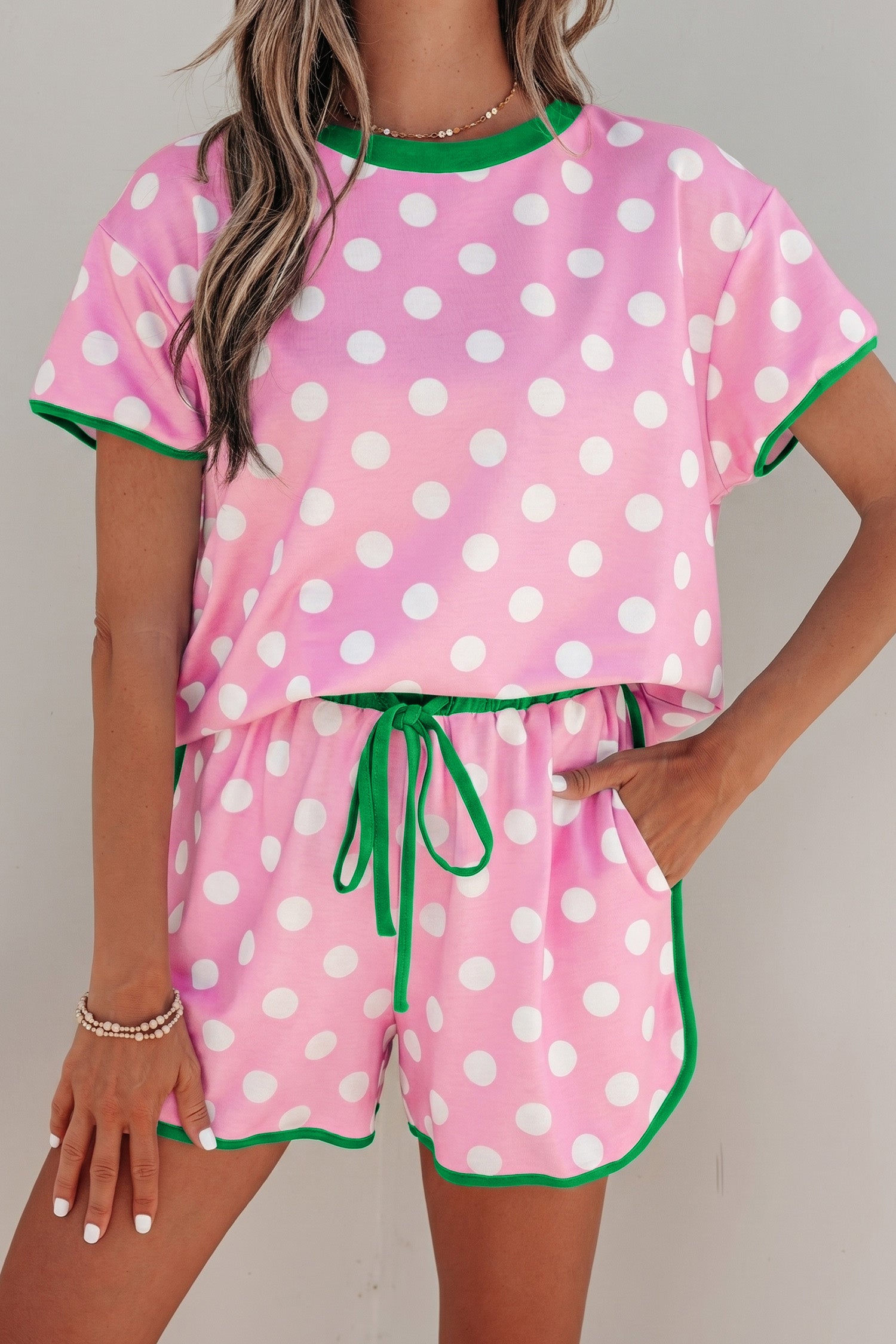 Sky Blue Polka Dot Contrast Edge Casual Short Set