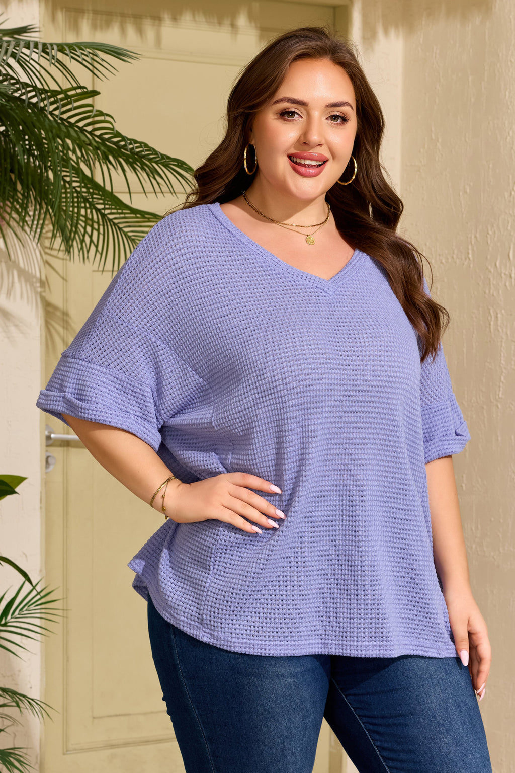 Clearly Aqua V Neck Short Sleeve Plus Size Waffle Knit Top