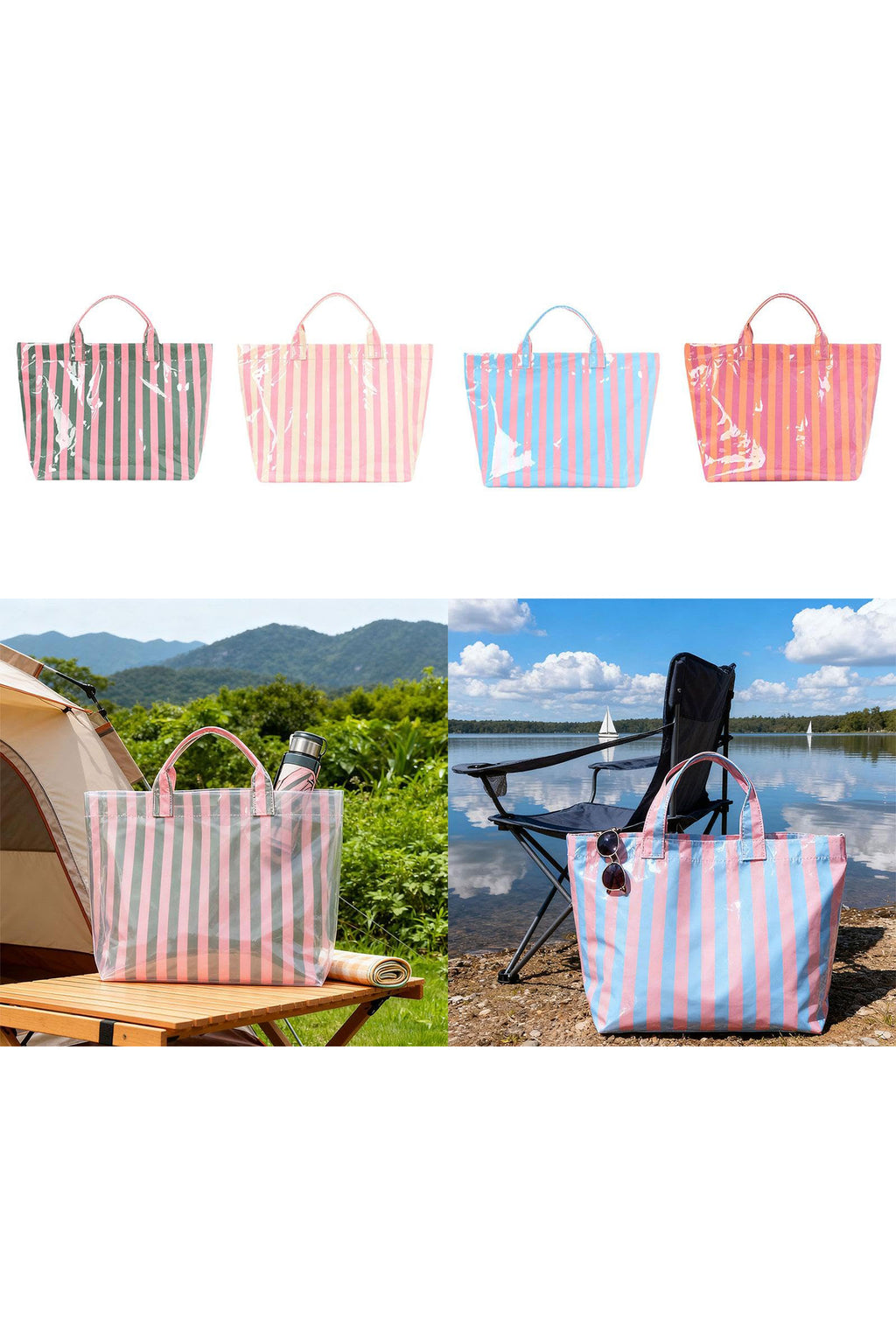 Light Blue Glossy Striped Vinyl Large Tote Bag (Color Varied)