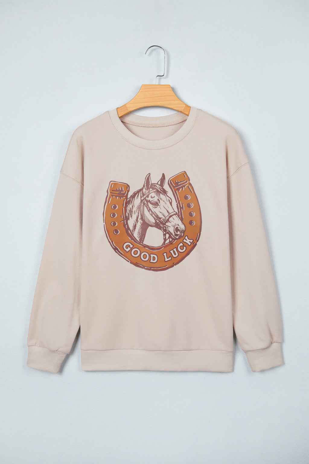 Beige GOOD LUCK Western Horse Print Oversized Pullover Sweatshirt