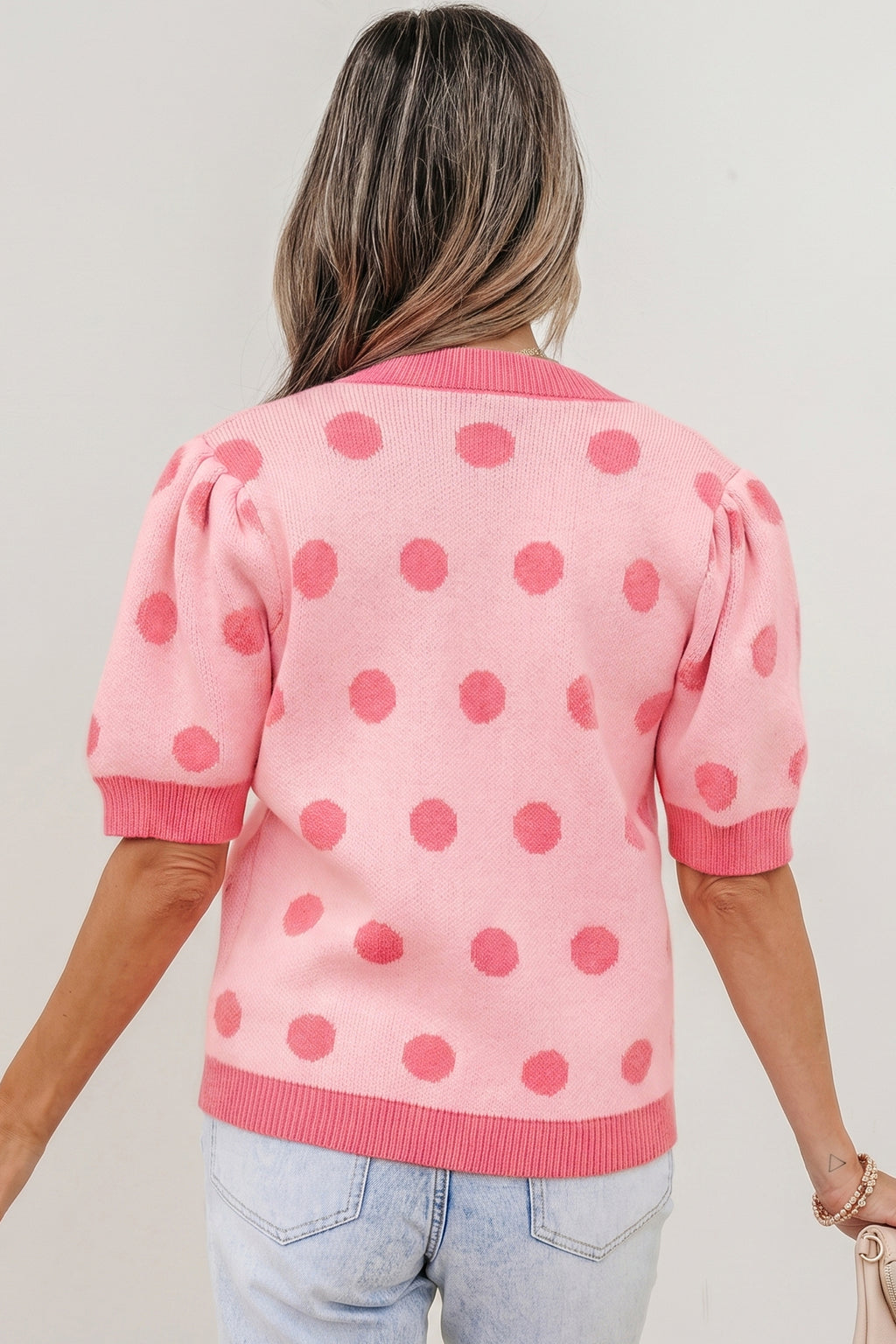 Pink Polka Dot Puff Short Sleeve Sweater Top