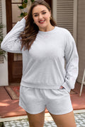 Light Grey Girly Bow Embroidered Puff Sleeve Pullover Loose Shorts Plus 2pcs Outfit