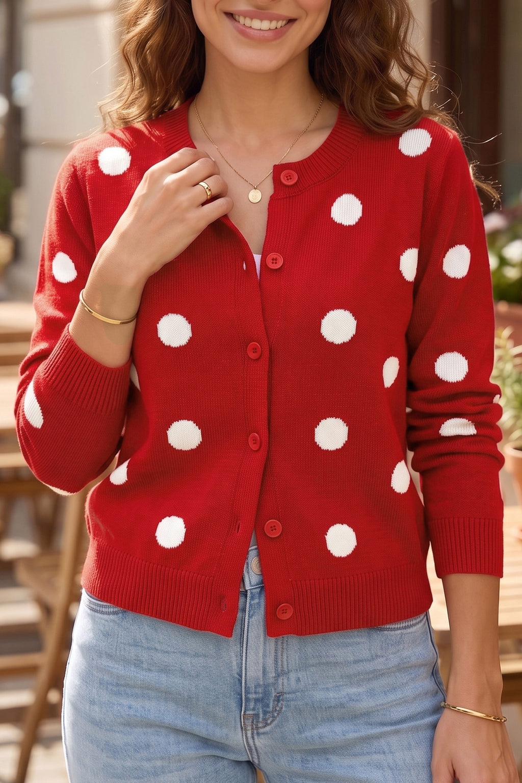 Bluing Casual Polka Dot Button Front Long Sleeve Sweater Cardigan