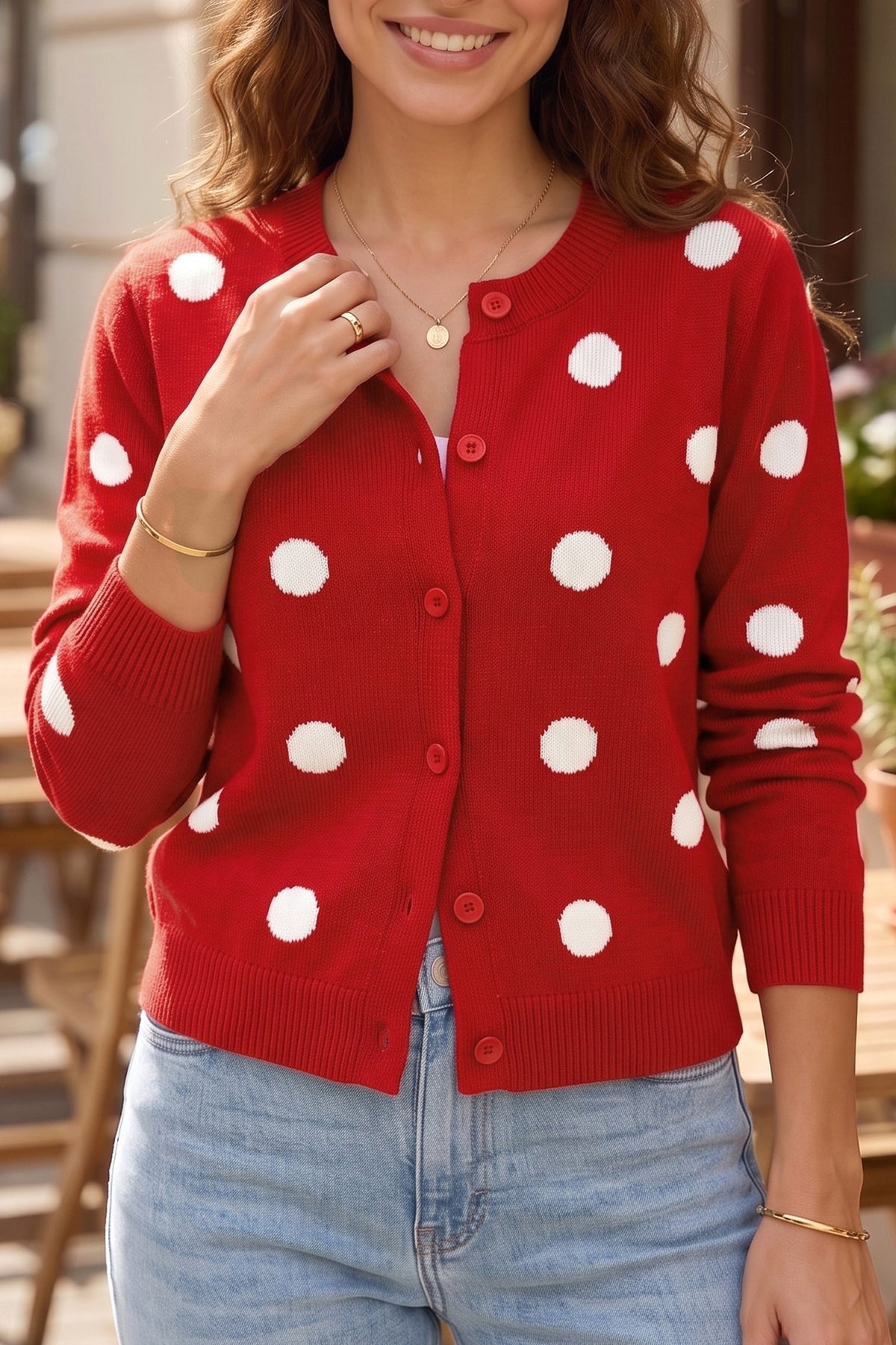 Bluing Casual Polka Dot Button Front Long Sleeve Sweater Cardigan